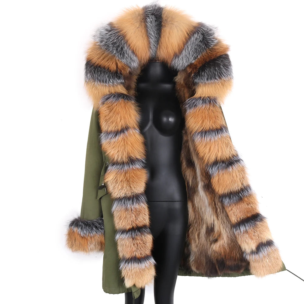2024 Real Fur Coat Natural Real Fox Fur Collar Warm Big Fur Outerwear Detachable Female Long Parka Women Fashion Winter Jacket