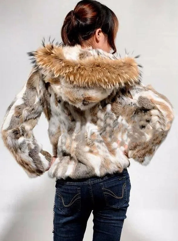 New  Real genuine natural rabbit fur coat with raccoon fur hood women's fashion jacket outwear custom any size