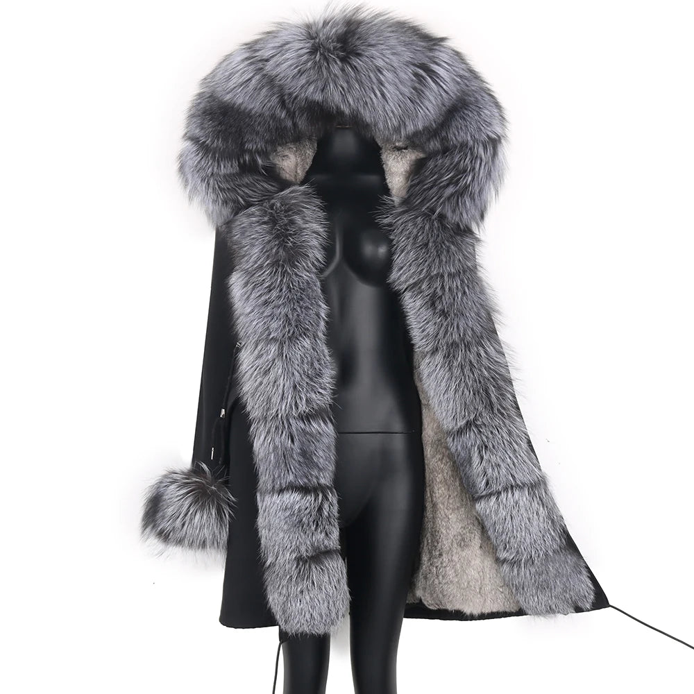 2024 Real Fur Coat Natural Real Fox Fur Collar Warm Big Fur Outerwear Detachable Female Long Parka Women Fashion Winter Jacket