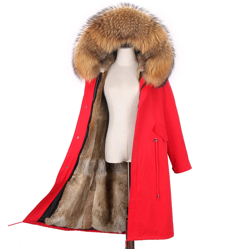 Detachable X-long Parka Waterproof Winter Jacket Women Natural Raccoon Fur Hood Rabbit Fur Liner Real Fur Coat  Streetwea
