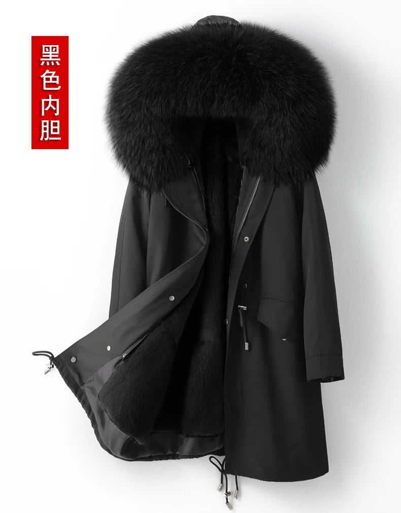 Detachable X-long Parka Waterproof Winter Jacket Women Natural Raccoon Fur Hood Rabbit Fur Liner Real Fur Coat  Streetwea