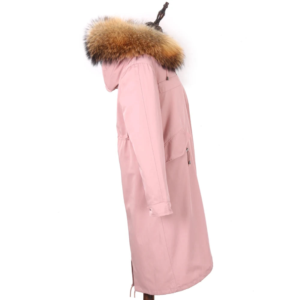 Detachable X-long Parka Waterproof Winter Jacket Women Natural Raccoon Fur Hood Rabbit Fur Liner Real Fur Coat  Streetwea