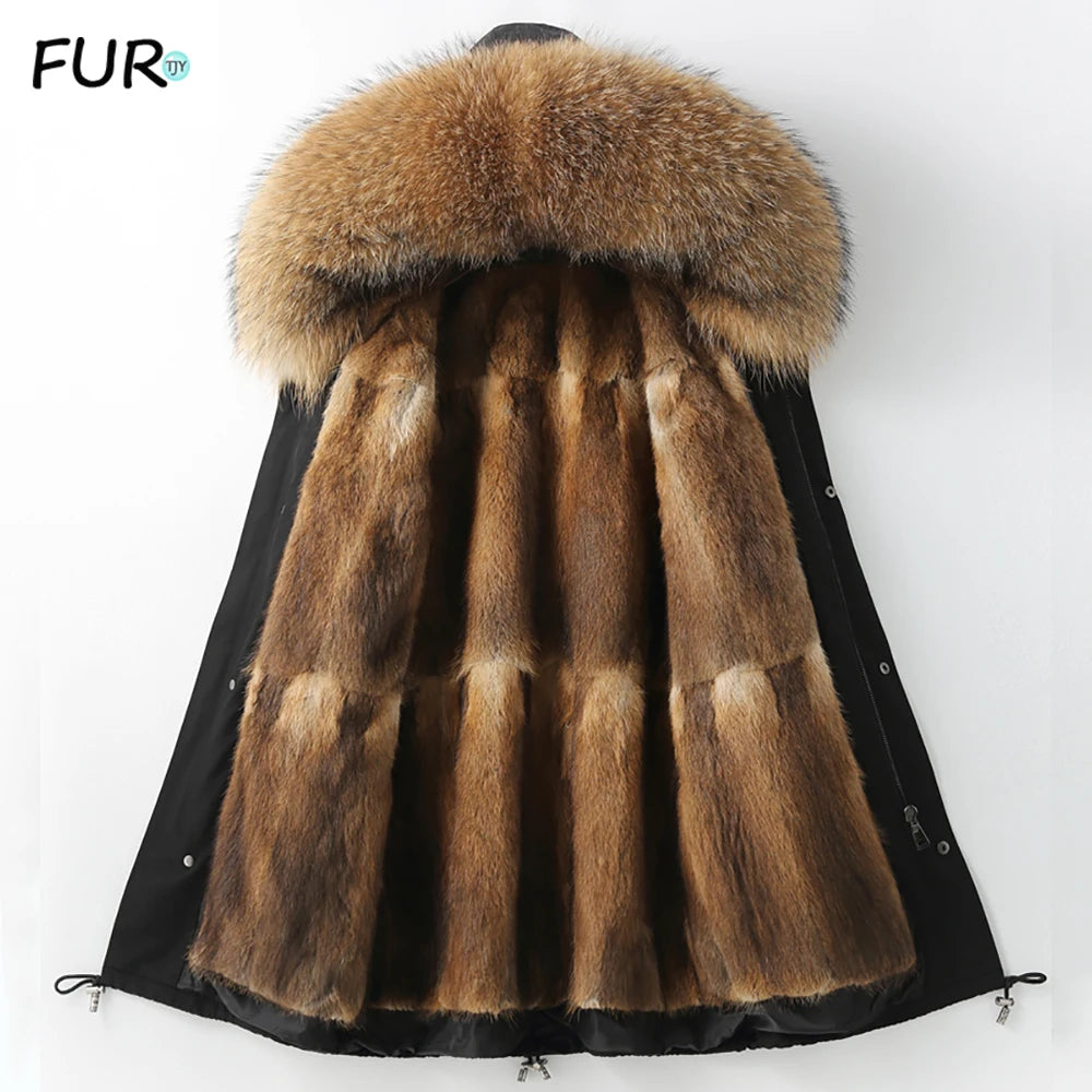 Detachable X-long Parka Waterproof Winter Jacket Women Natural Raccoon Fur Hood Rabbit Fur Liner Real Fur Coat  Streetwea