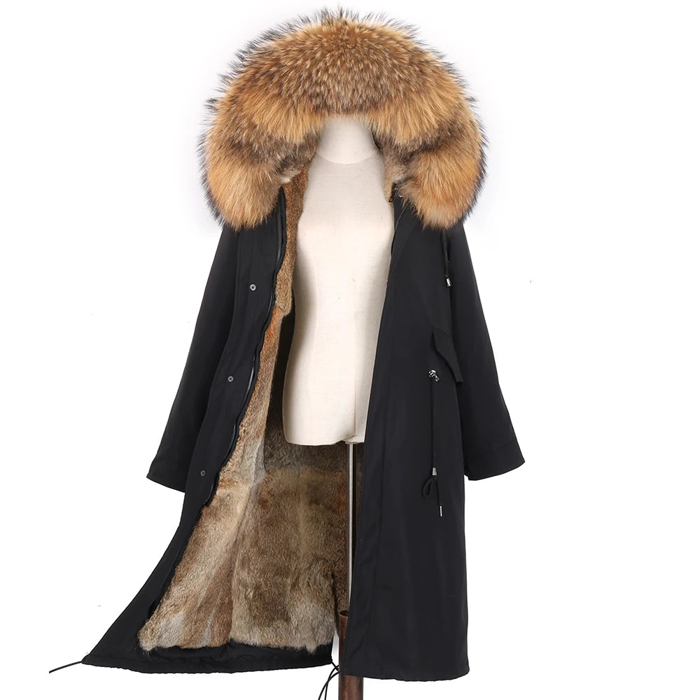 Detachable X-long Parka Waterproof Winter Jacket Women Natural Raccoon Fur Hood Rabbit Fur Liner Real Fur Coat  Streetwea