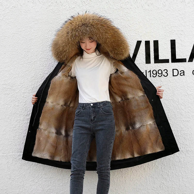 Detachable X-long Parka Waterproof Winter Jacket Women Natural Raccoon Fur Hood Rabbit Fur Liner Real Fur Coat  Streetwea