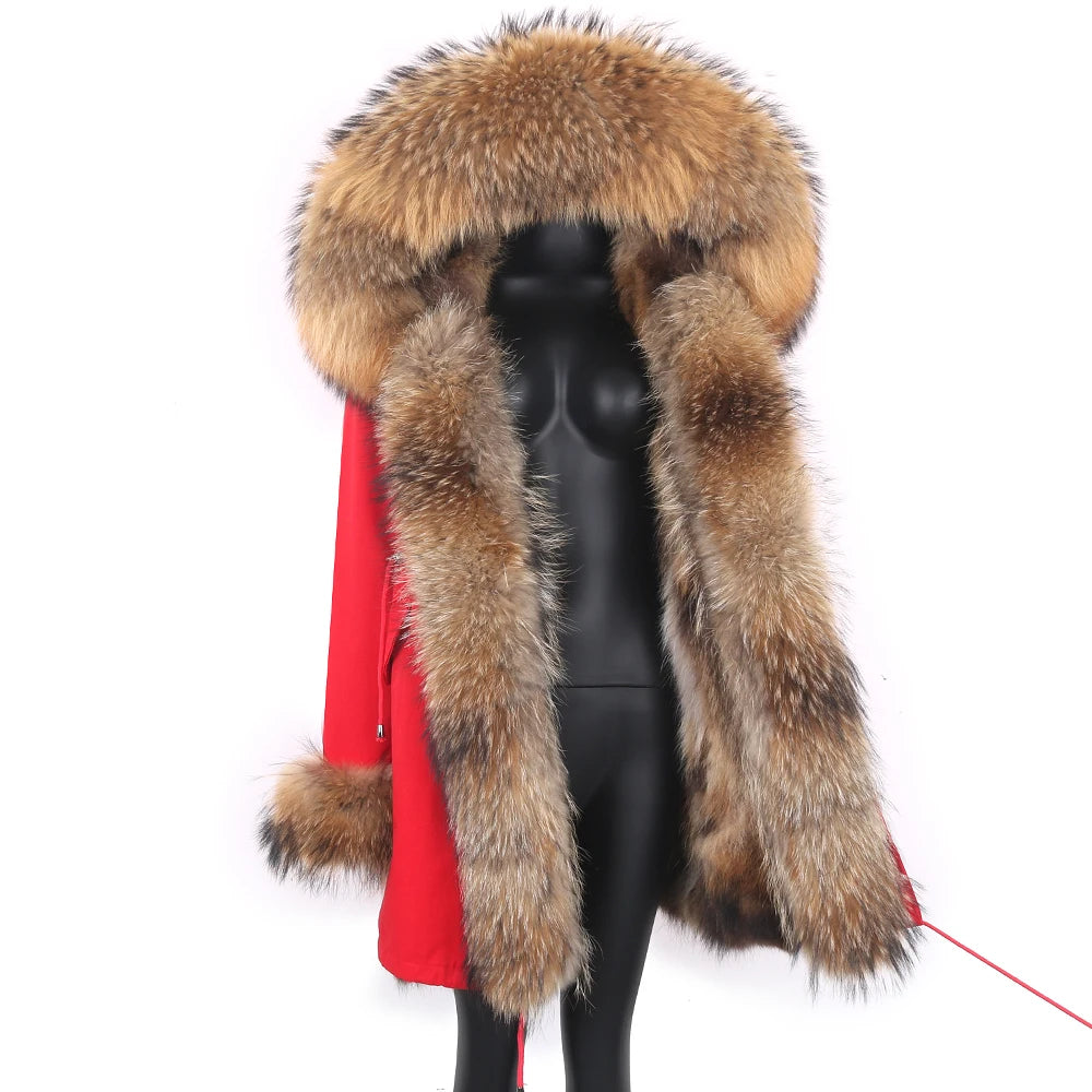 2024 Real Fur Coat Natural Real Fox Fur Collar Warm Big Fur Outerwear Detachable Female Long Parka Women Fashion Winter Jacket