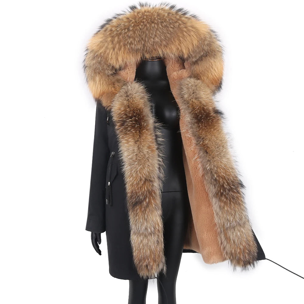 2024 Real Fur Coat Natural Real Fox Fur Collar Warm Big Fur Outerwear Detachable Female Long Parka Women Fashion Winter Jacket