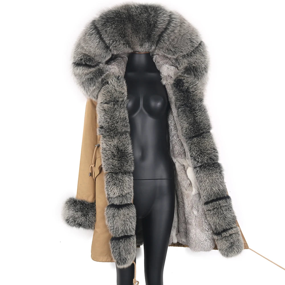 2024 Real Fur Coat Natural Real Fox Fur Collar Warm Big Fur Outerwear Detachable Female Long Parka Women Fashion Winter Jacket