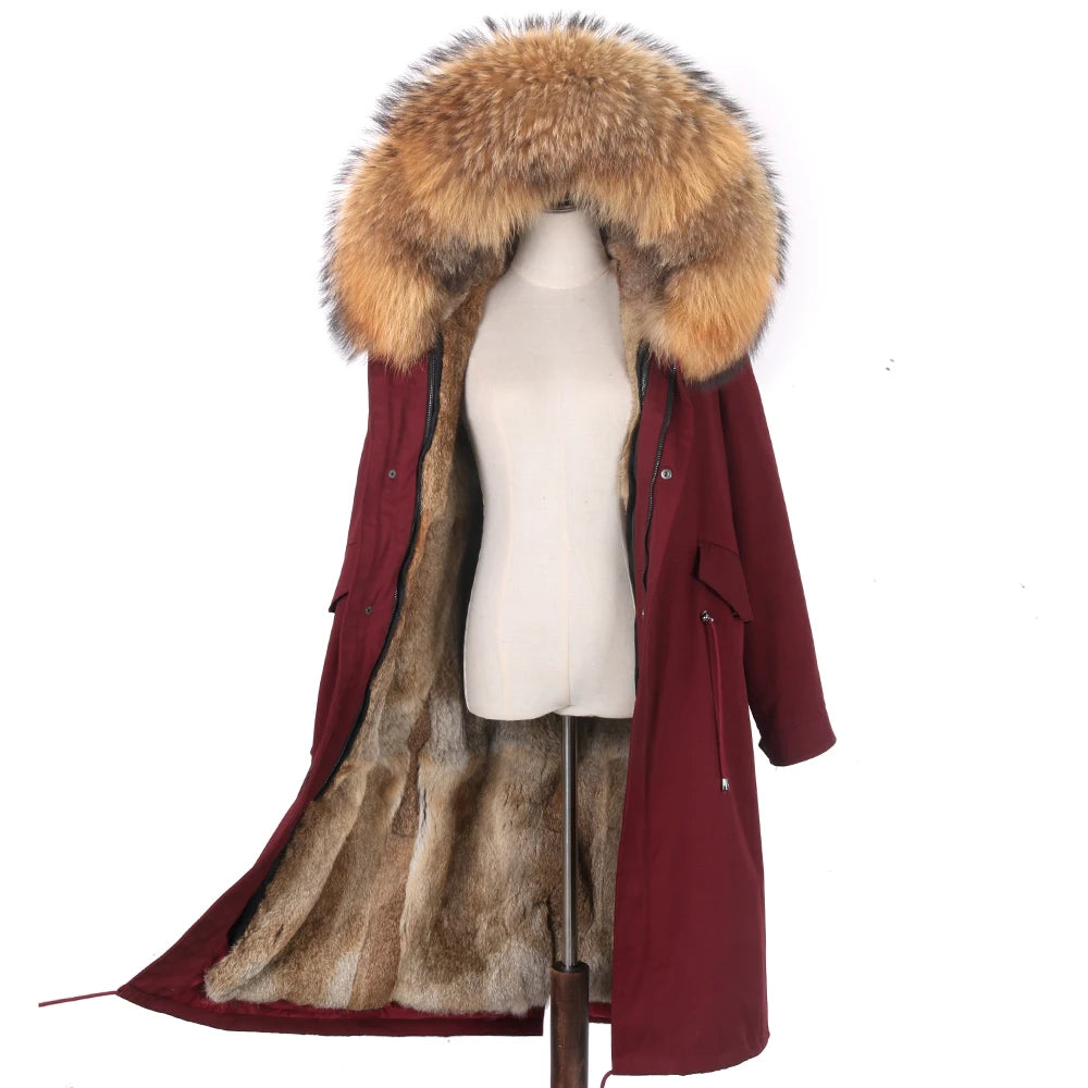 Detachable X-long Parka Waterproof Winter Jacket Women Natural Raccoon Fur Hood Rabbit Fur Liner Real Fur Coat  Streetwea