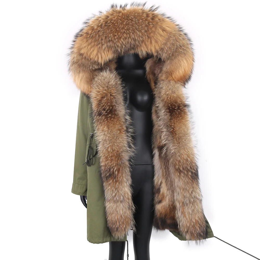 2024 Real Fur Coat Natural Real Fox Fur Collar Warm Big Fur Outerwear Detachable Female Long Parka Women Fashion Winter Jacket