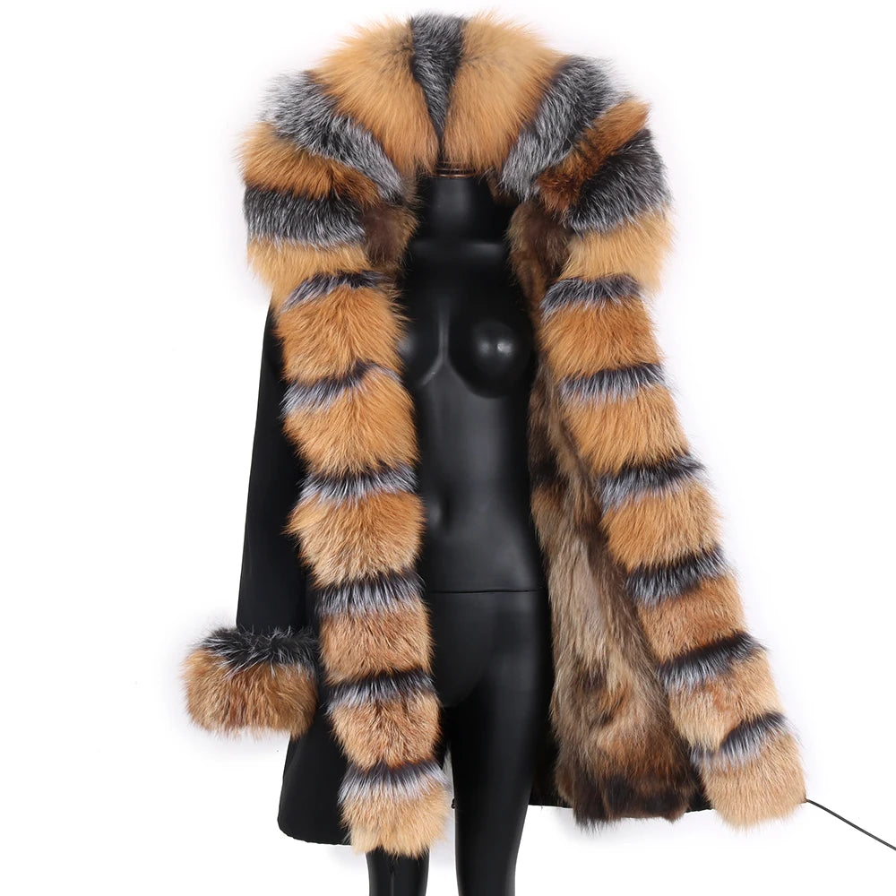 2024 Real Fur Coat Natural Real Fox Fur Collar Warm Big Fur Outerwear Detachable Female Long Parka Women Fashion Winter Jacket