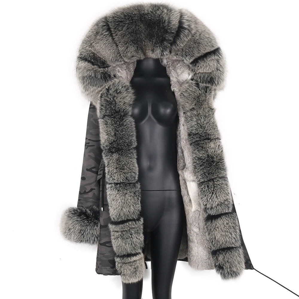 2024 Real Fur Coat Natural Real Fox Fur Collar Warm Big Fur Outerwear Detachable Female Long Parka Women Fashion Winter Jacket