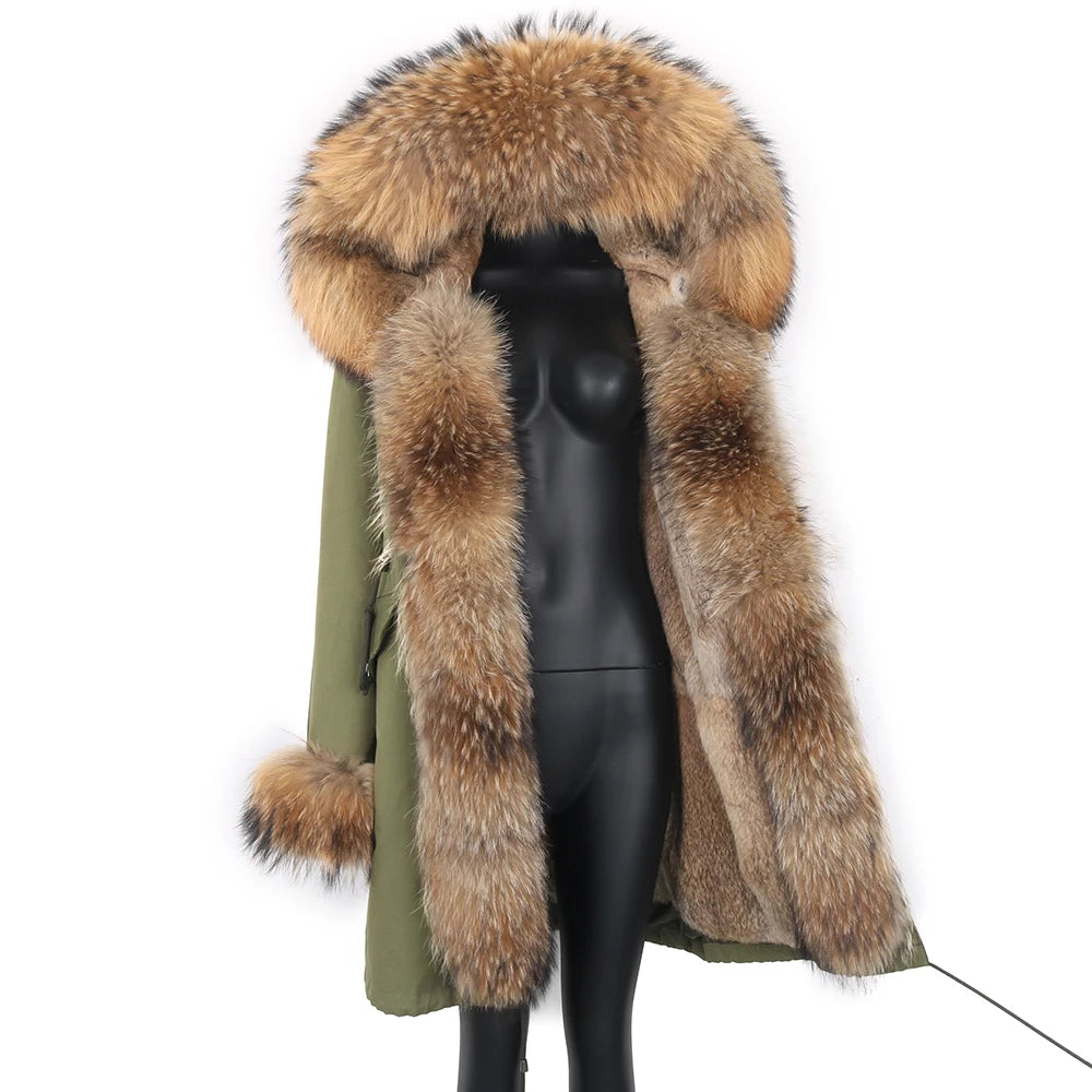 2024 Real Fur Coat Natural Real Fox Fur Collar Warm Big Fur Outerwear Detachable Female Long Parka Women Fashion Winter Jacket