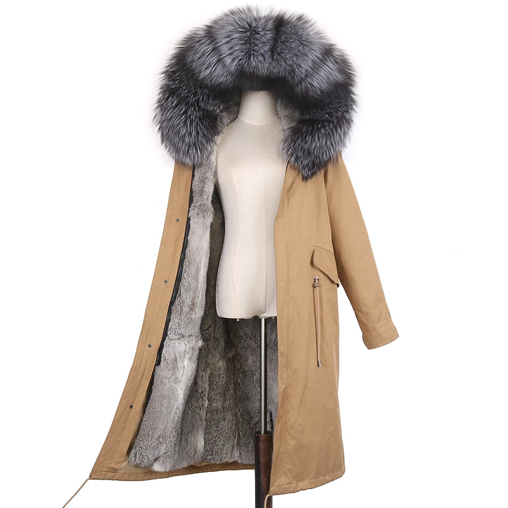 Detachable X-long Parka Waterproof Winter Jacket Women Natural Raccoon Fur Hood Rabbit Fur Liner Real Fur Coat  Streetwea