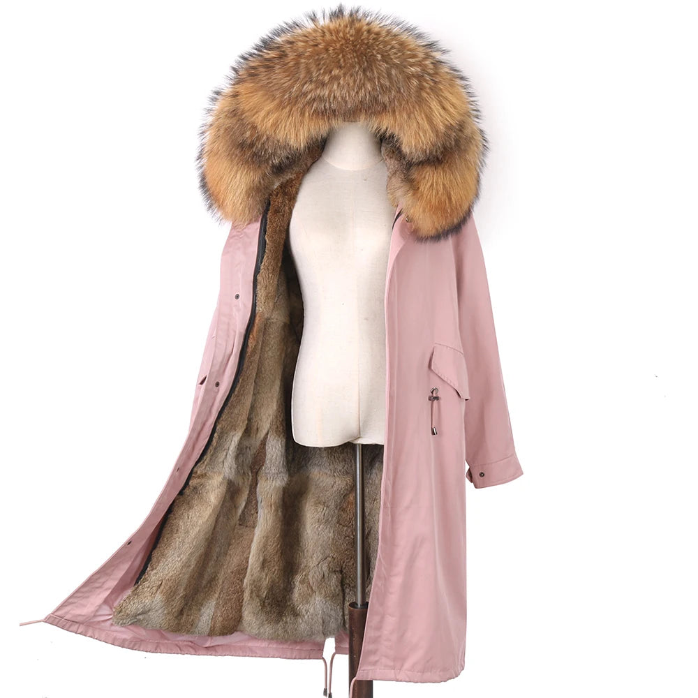 Detachable X-long Parka Waterproof Winter Jacket Women Natural Raccoon Fur Hood Rabbit Fur Liner Real Fur Coat  Streetwea