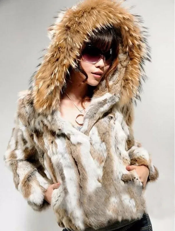 New  Real genuine natural rabbit fur coat with raccoon fur hood women's fashion jacket outwear custom any size
