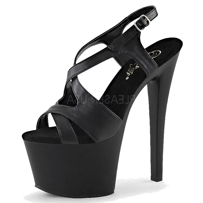 Black Thin Heel 17 cm Platform Sexy High-heeled Sandals Model Show Fashion Summer High-heeled Shoes Pole Dance Large Sandals