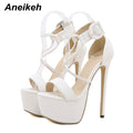 Aneikeh 2025 Sexy High Heel Women Shoes Open Toe PU Solid Ankle Buckle Strap Platform Sandals Ladies Nightclub Party Dress Pumps