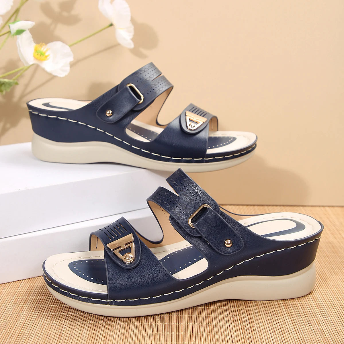 Women's Wedge Sandals Perforated Design with Metal Buckle Accent Comfort Cushioned Insole Non-Slip Sole Summer Casual Daily Wear