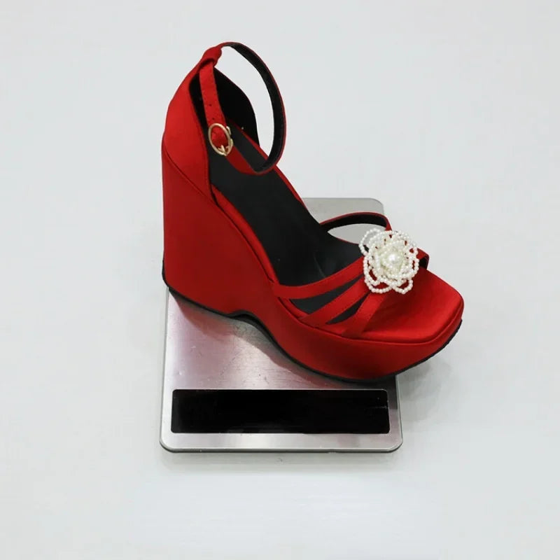 2024 Latest Wedge Heel Thick Open Toe Banquet Hollow Sandals Flower Fashion 4 Colors Buckle Women's Shoes Party Big Size 35-43