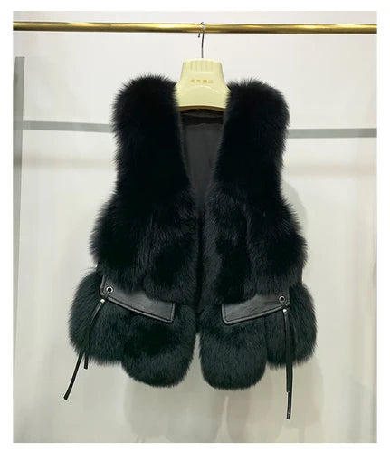 MPPM  New Women Fox Fur Vest Fashion Winter Genuine Fox Waistcoats Gilets V-neck Autumn Lady's Jackets Coats Top Quality Luxury