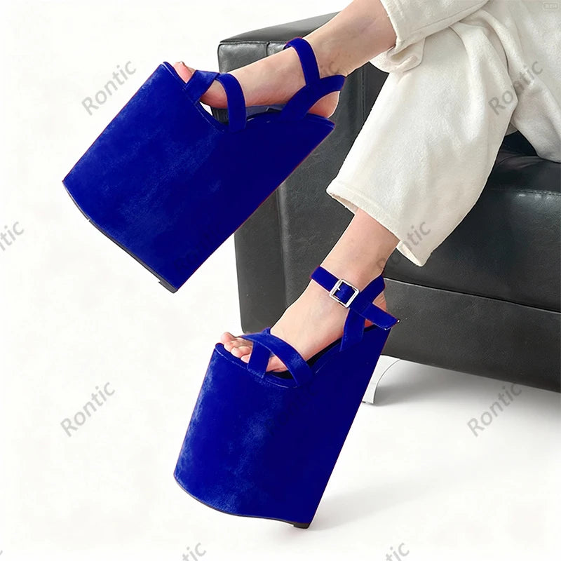 Rontic Artisan Crafted Red Leather Wedge Sandals - Women's High Heel Platform Ankle Strap Peep Toe Shoes US Plus Size 5-15