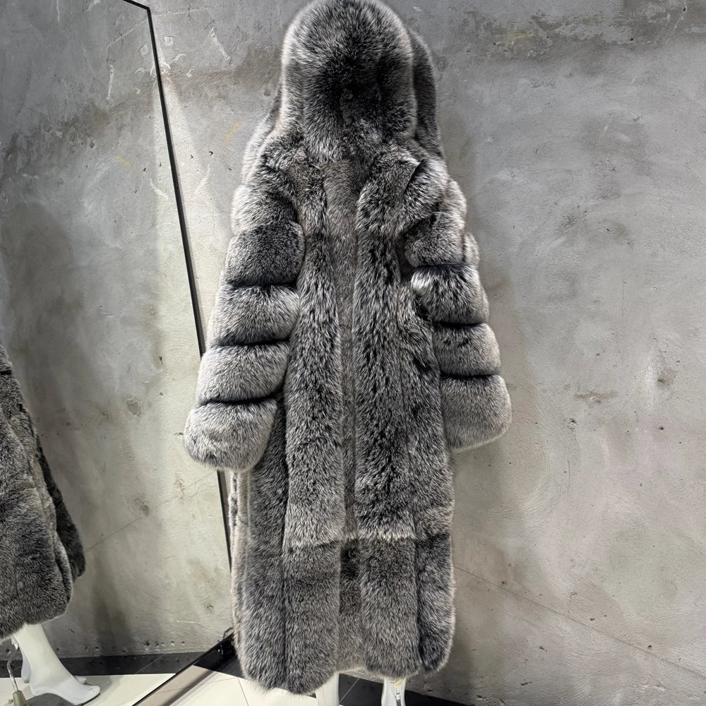 #GO BALLISTIC YA Long Ladies Fur Coat Hooded Women's Fur Outwear 22-06