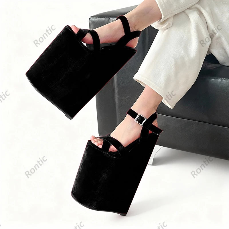 Rontic Artisan Crafted Red Leather Wedge Sandals - Women's High Heel Platform Ankle Strap Peep Toe Shoes US Plus Size 5-15