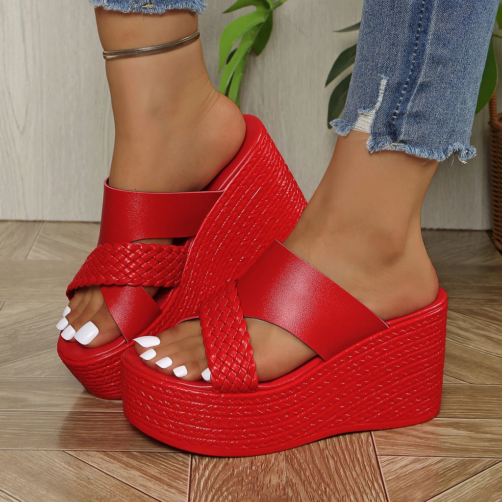 Summer Women's Slippers Wedge Heels High Female Fish Mouth Shoes Thick Bottom Outdoors Sweet Bow Suede Girls Schoolgirl Slides