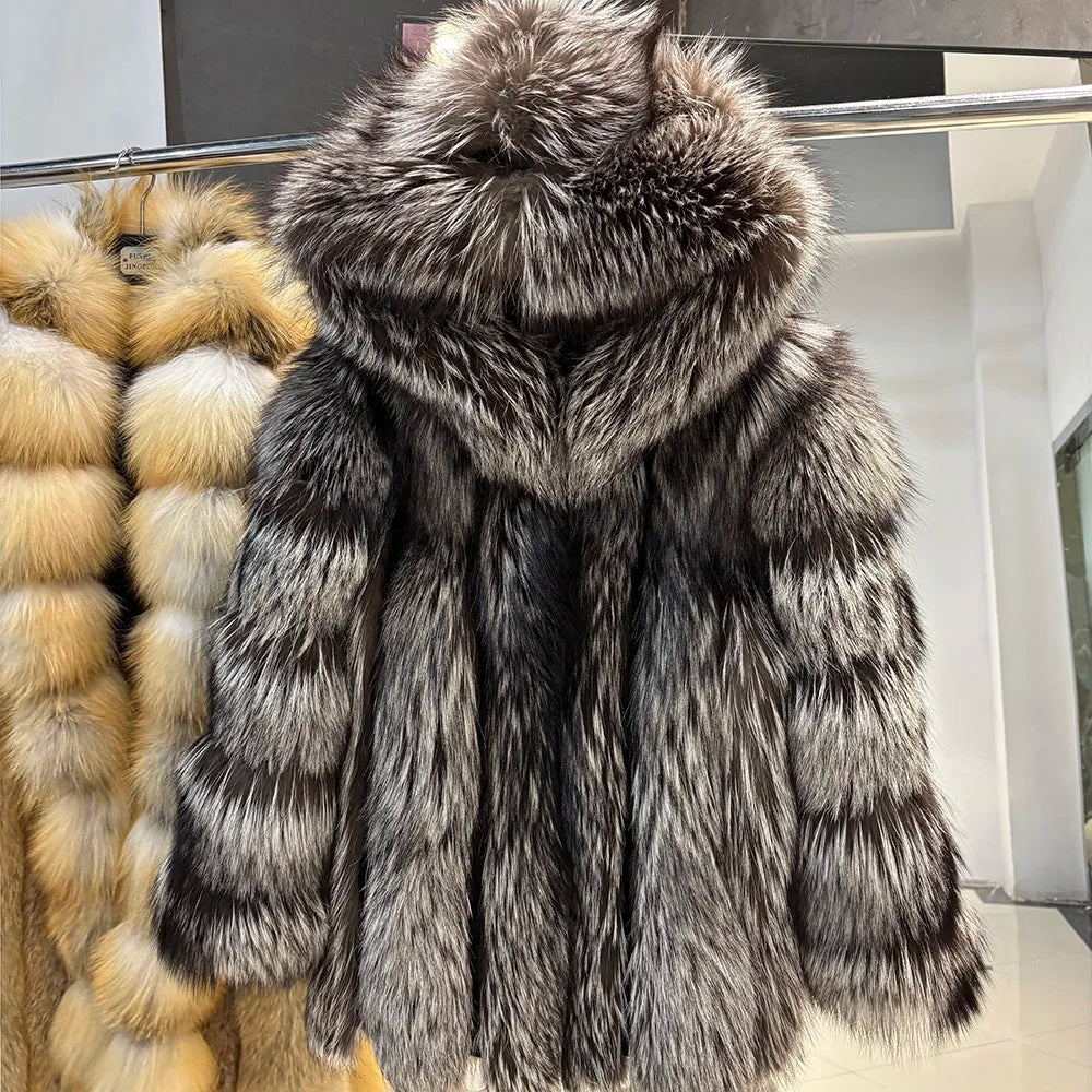 YOLOAgain Hooded Real Fox Fur Jacket Women 2025 Winter Warm Natural Fox Fur Coat Female