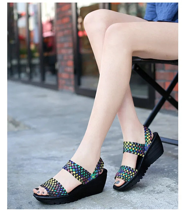 Wedge Platform Weave Sandals Fashion Peep Toe Comforty Breathable Mom Shoes Female Casual Thick Bottom Sandalias Mujer 2024