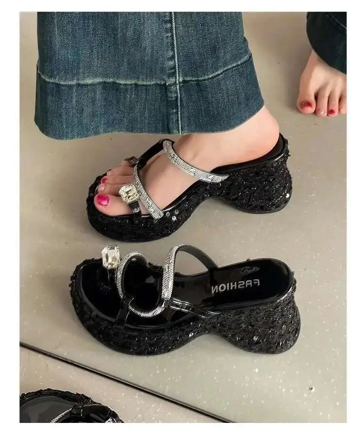 Women's Wedge Sandals Thick-soled Flip-flops Shiny Sequined Ladeis High Heels Rhinestone Home Outdoors Slippers