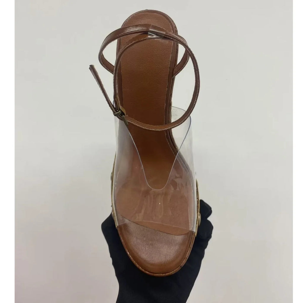 Highquality Wooden Patterned Wedge Heelwith Thicksole Andexposed Toebuckle Strap Sandals Forwomen's Banquets InEurope AndAmerica
