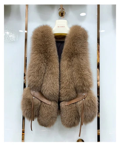 MPPM  New Women Fox Fur Vest Fashion Winter Genuine Fox Waistcoats Gilets V-neck Autumn Lady's Jackets Coats Top Quality Luxury