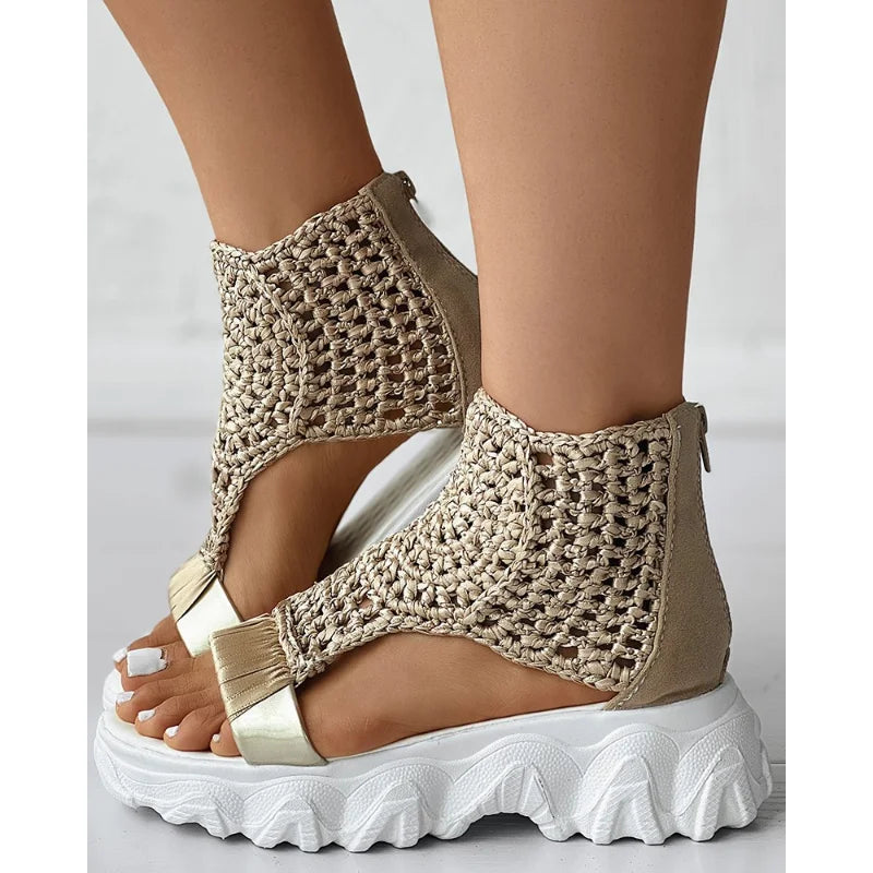 Sandals Women Braided Geometric Wedge  Knitted Elastic Summer Shoes Mesh Flat  Hollow Female Platform