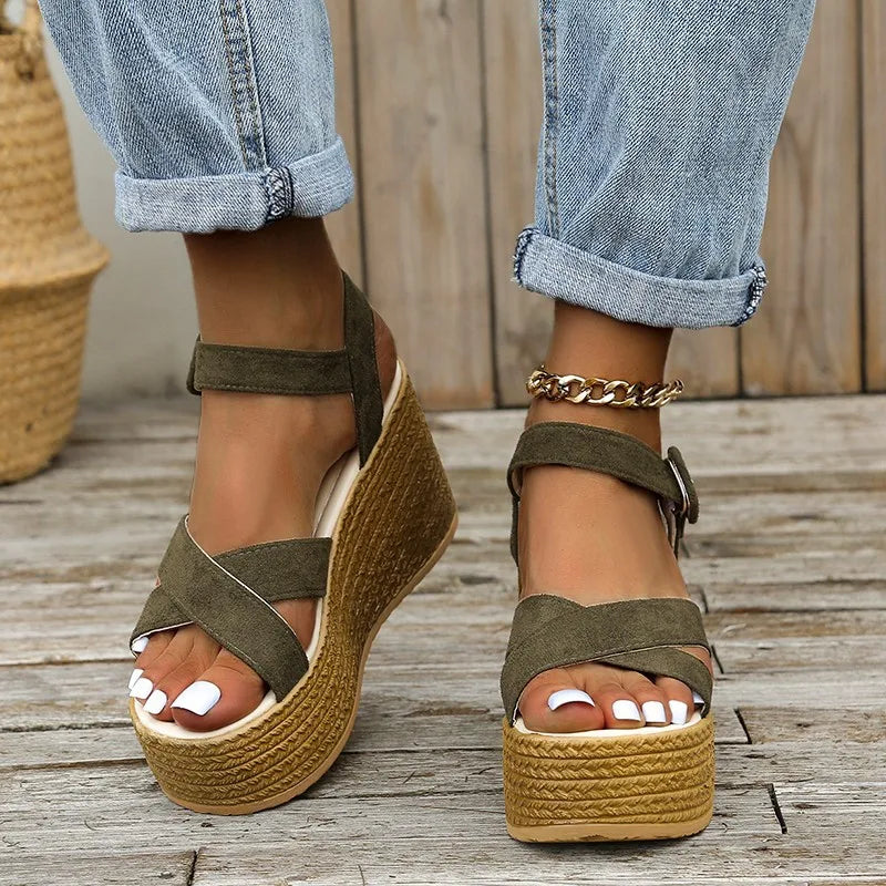 Fashion Wedge Sandals for Women Summer 2025 New Casual Non-slip Peep Toe Platform Shoes Rubber Sole Buckle Elegant Heels Women