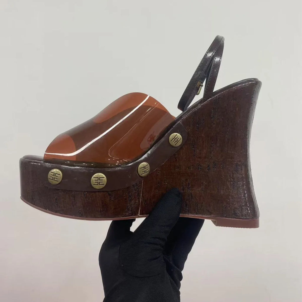 Highquality Wooden Patterned Wedge Heelwith Thicksole Andexposed Toebuckle Strap Sandals Forwomen's Banquets InEurope AndAmerica
