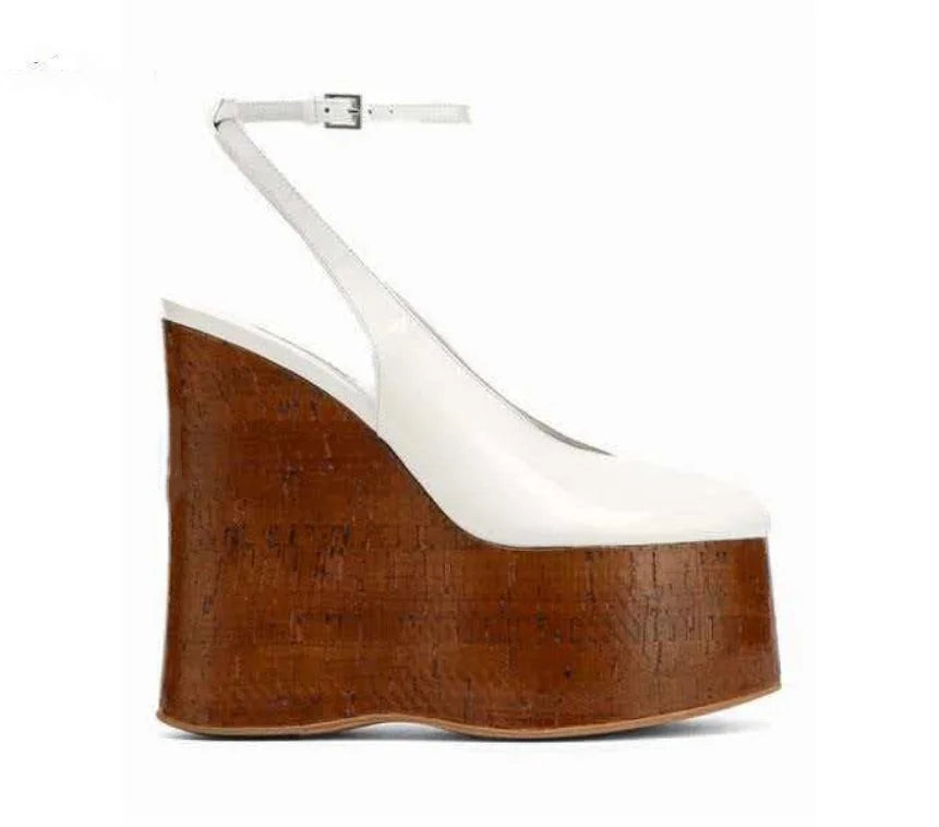 Highquality Wooden Patterned Wedge Heelwith Thicksole Andexposed Toebuckle Strap Sandals Forwomen's Banquets InEurope AndAmerica