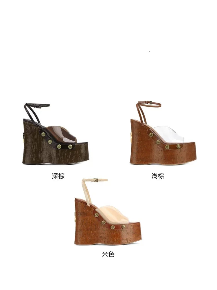 Ladies' Summer Wedge Heel Thick Soled Sandals with Wood Grain Rivets, Waterproof Platform, Thick High Heels, and Sandals