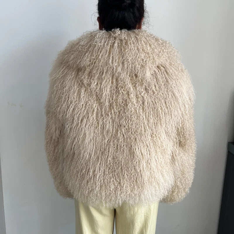 Beiziru Women's Dark Brown Mongolia Sheep Fur Jacket with Turndown Collar Stylish Warm Outerwear