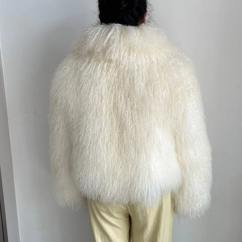 Beiziru Women's Dark Brown Mongolia Sheep Fur Jacket with Turndown Collar Stylish Warm Outerwear