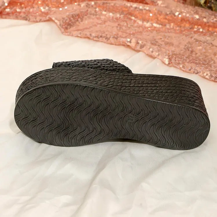 Hot Sale 9cm Wedge Heel Slippers for Women 2026 New Gold Black Woven Platform Slides Non-Slip Casual Beach Sandals Size 35-43