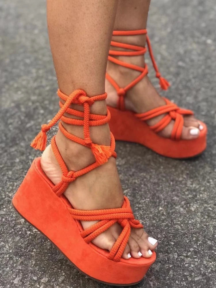 Platform Wedge Strappy Sandals Women Fashion Round Toe Cross Tied Height Increase Open Toe Women Sandals 2023