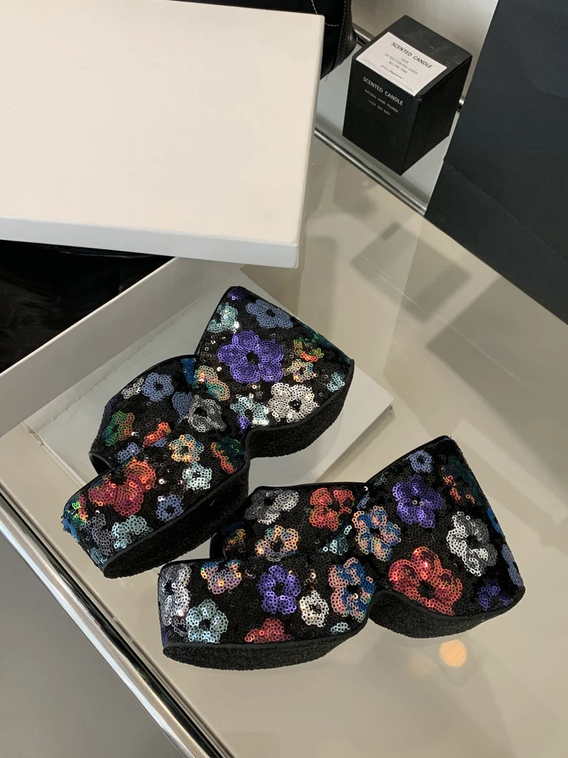 13cm Black Wedge Sandals Women Pink Flower Print Platform High Heels Slippers Summer Ladies Shoes Silver 13CM Heeled Sandals