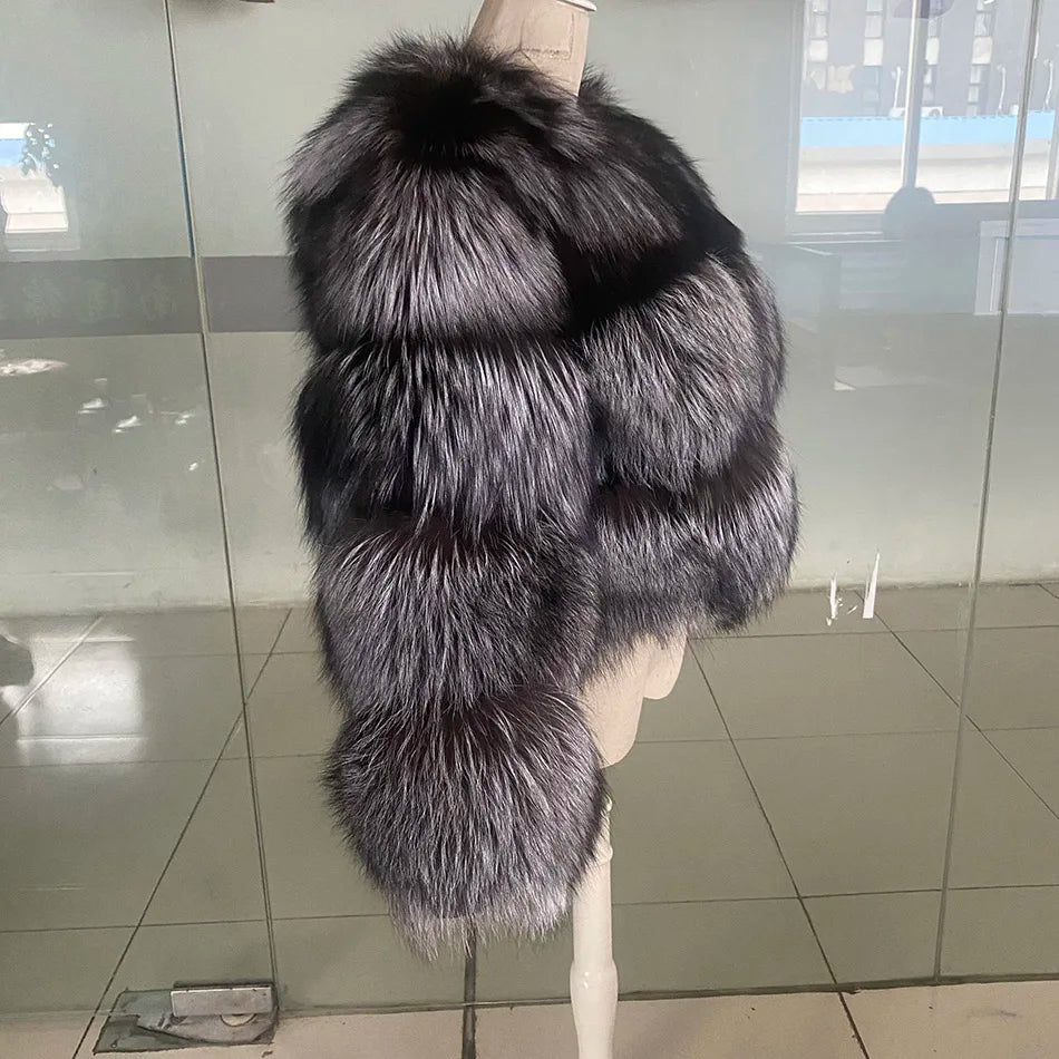 Winter Real Fur Women Raccoon Natural Fur Coat Silver Fox Long Vest Warm Luxury Jacket Parkas With Leather Fur Clothe For Female