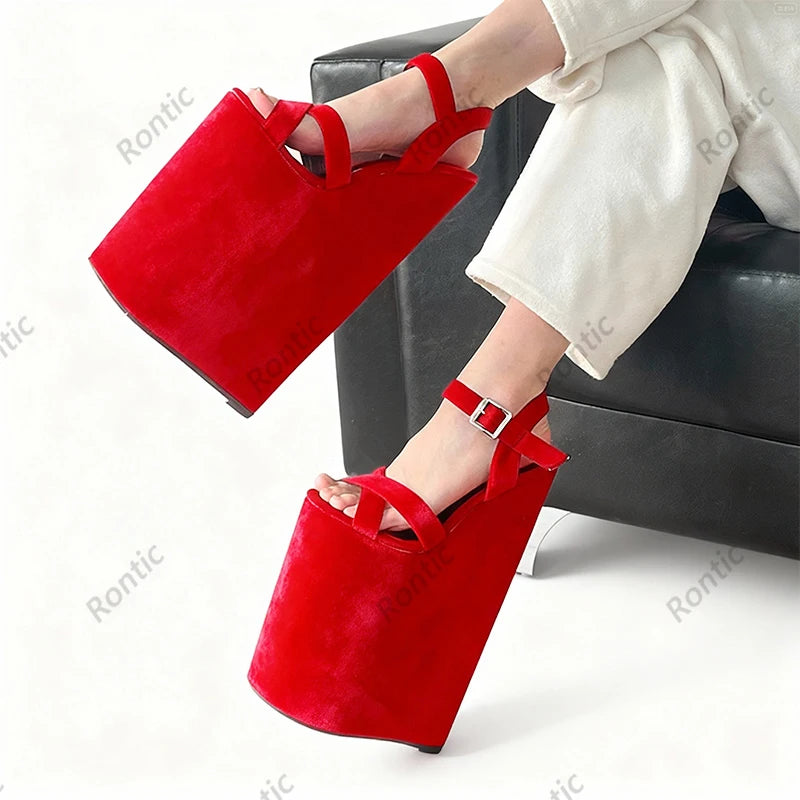 Rontic Artisan Crafted Red Leather Wedge Sandals - Women's High Heel Platform Ankle Strap Peep Toe Shoes US Plus Size 5-15