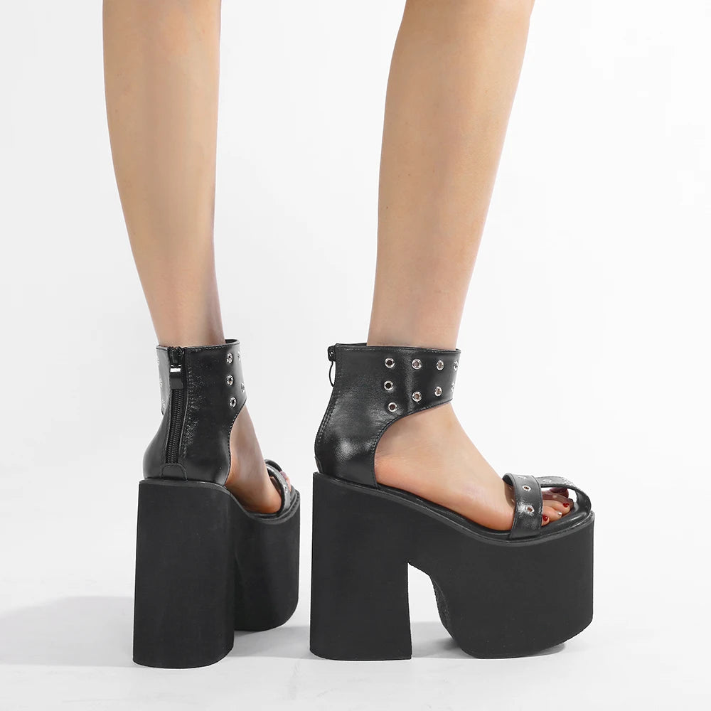 Gdgydh Summer Wide Fit Heeled Sandals Women Metal Rivet Punk Wedge Heels Platform Sandals Ankle Strap Ladies Cosplay Shoes