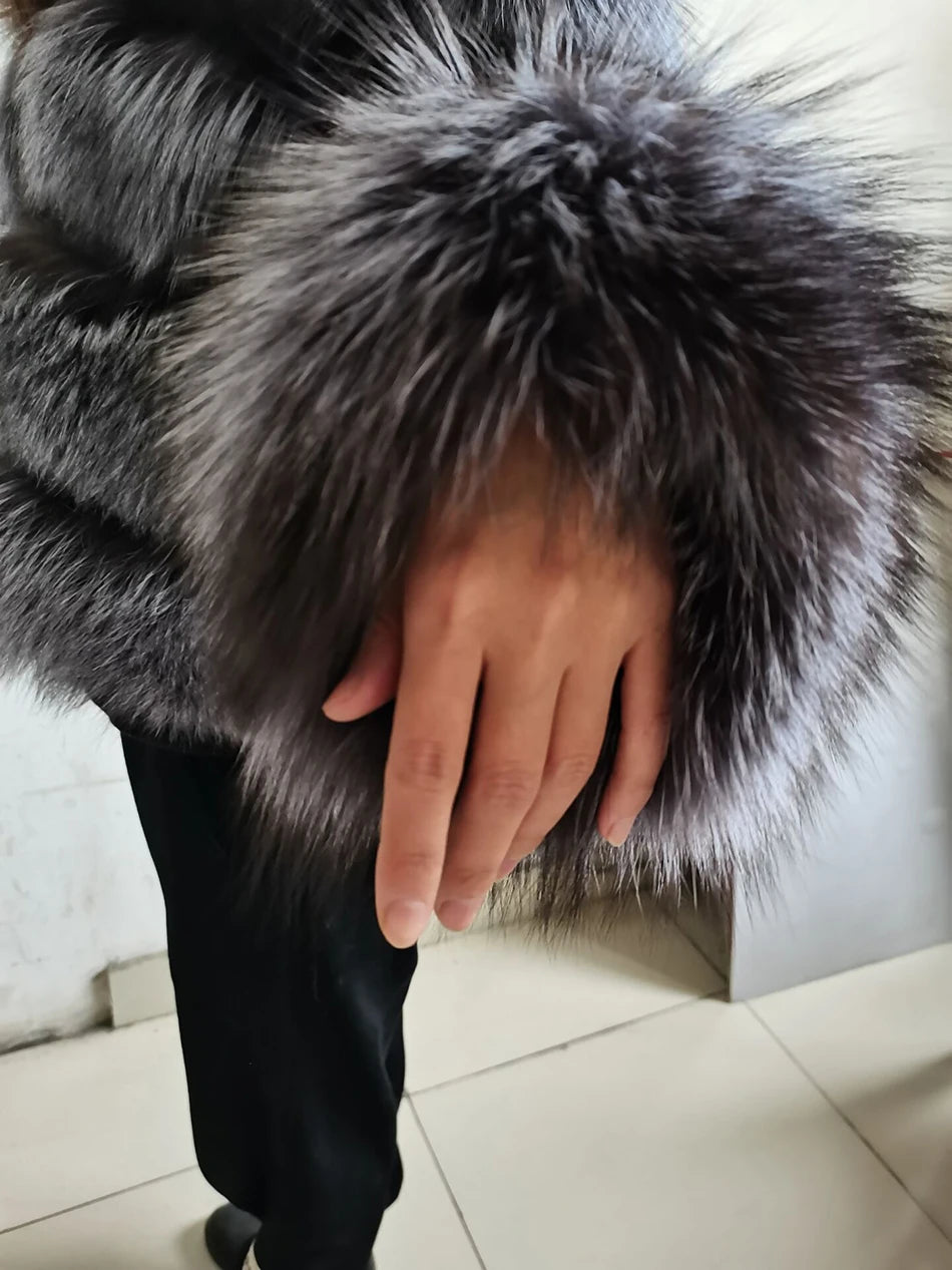 Winter Real Fur Women Raccoon Natural Fur Coat Silver Fox Long Vest Warm Luxury Jacket Parkas With Leather Fur Clothe For Female