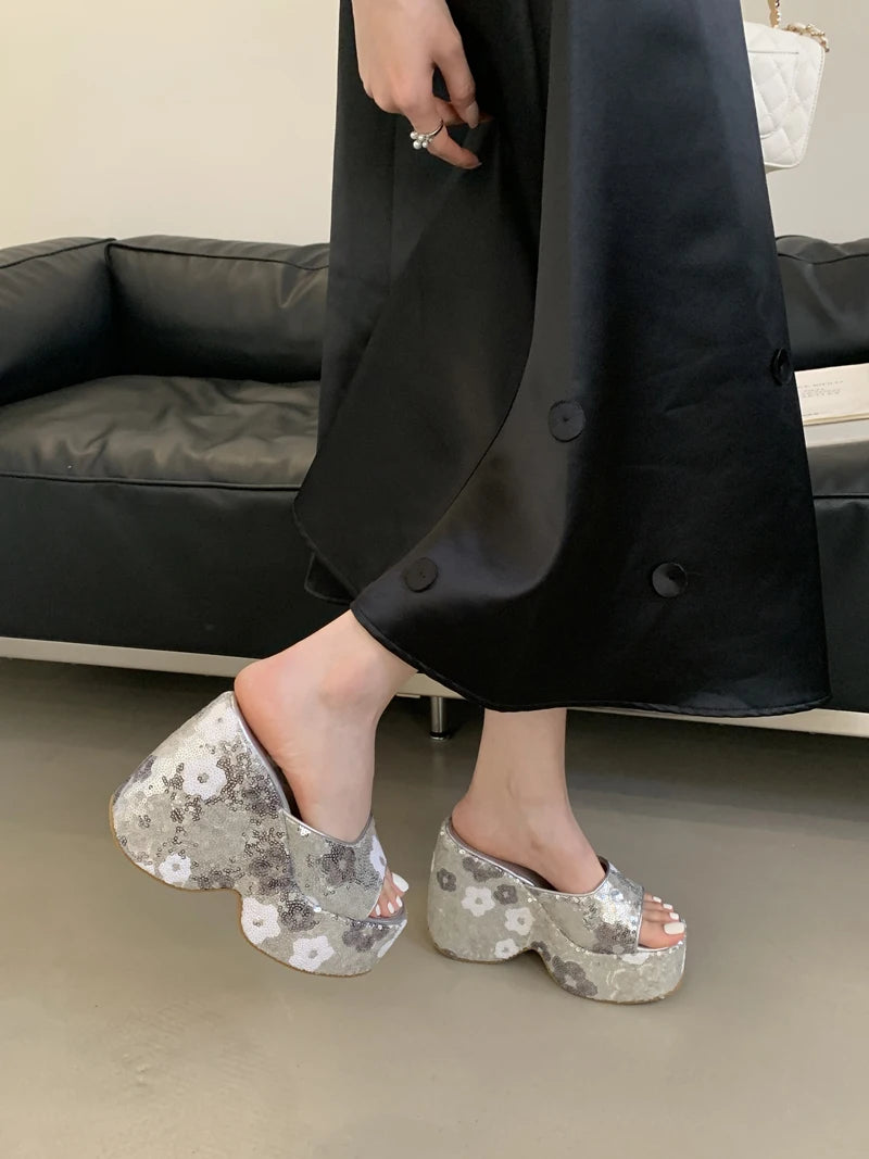 13cm Black Wedge Sandals Women Pink Flower Print Platform High Heels Slippers Summer Ladies Shoes Silver 13CM Heeled Sandals
