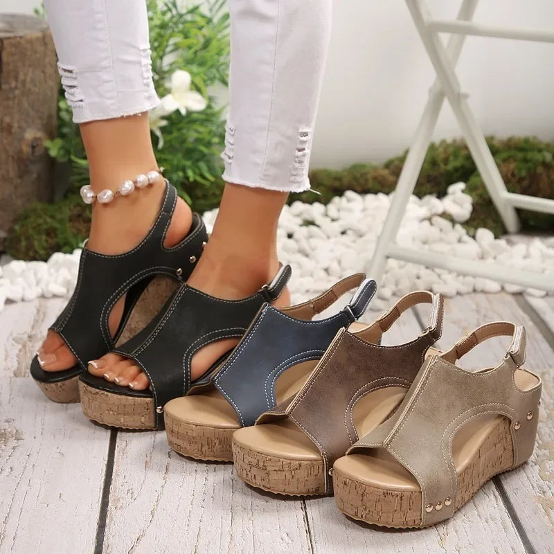 Women Platform Wedge Sandals Adjustable Velcro Closure Open Toe Cutout Slingback Comfort Soft Sole Non Slip Casual Walking Shoes
